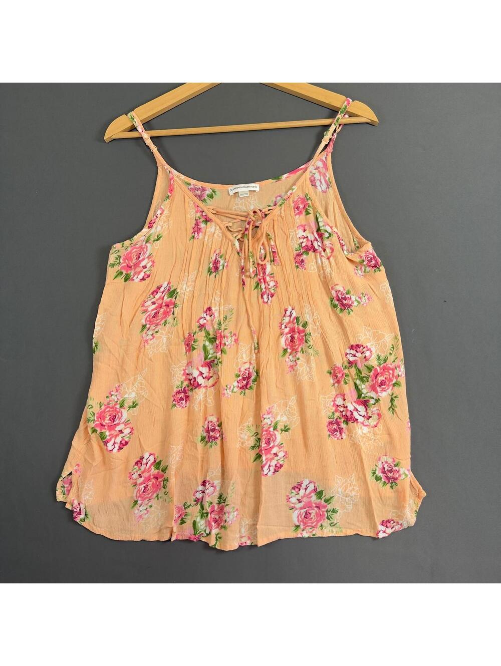 Warehouse One Floral Lace-Up Spaghetti Strap Tank Top Peach XL